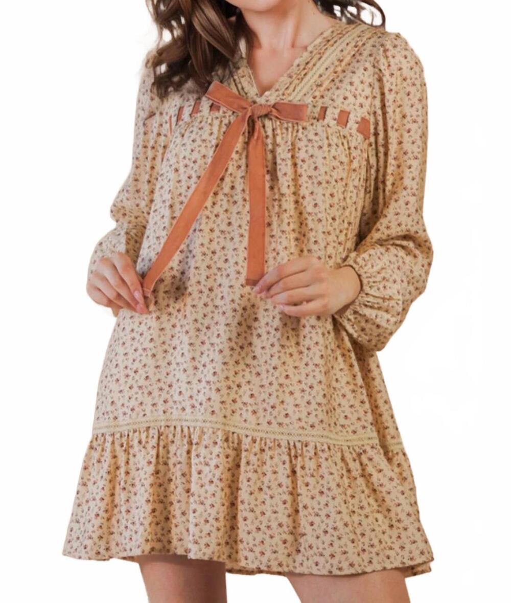 NEW VERY J floral printed front bow mini dress in champagne